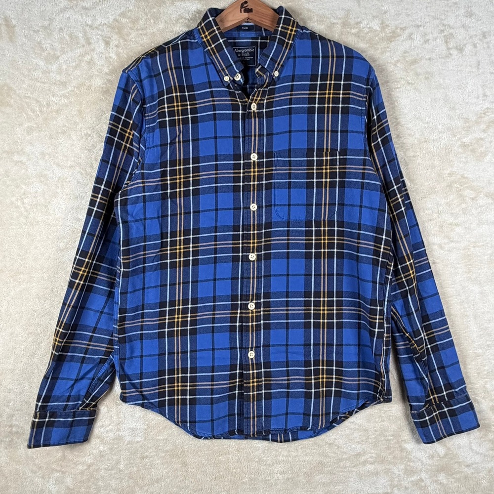 Abercrombie Fitch Men's Slim Fit Blue Plaid Long Sleeve Button Down Shirt Size M